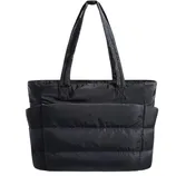 A black quilted tote bag with sturdy handles, featuring an exterior pocket and side pockets for additional storage.