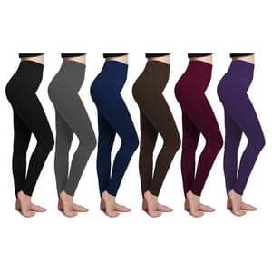 Five pairs of high-waisted leggings in black, gray, navy, brown, and purplish-red, displayed in profile.