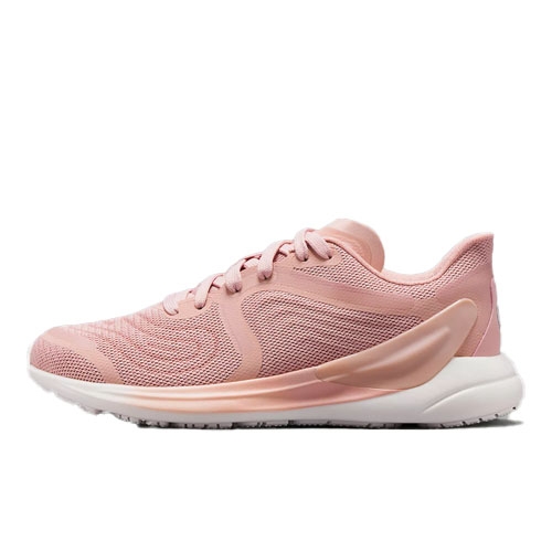 A pink running shoe with a streamlined design, featuring mesh fabric on the upper part and a white sole with black treads.