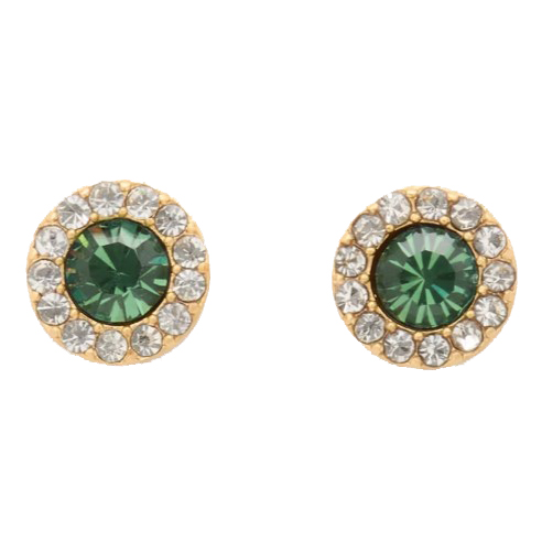 Gold-tone stud earrings featuring round green crystals surrounded by a halo of clear rhinestones.