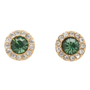 Gold-tone stud earrings featuring round green crystals surrounded by a halo of clear rhinestones.