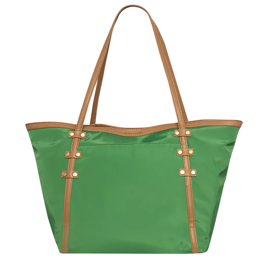Green nylon tote bag with tan leather straps and trim, featuring rivet details.