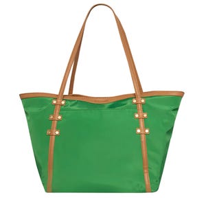 Green nylon tote bag with tan leather straps and trim, featuring rivet details.