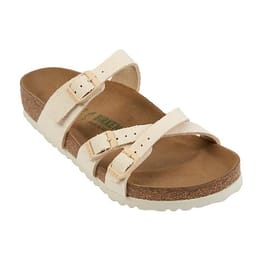 Cream-colored Birkenstock Franca Slide Sandal with cork footbed, featuring three adjustable straps and a textured sole for grip.