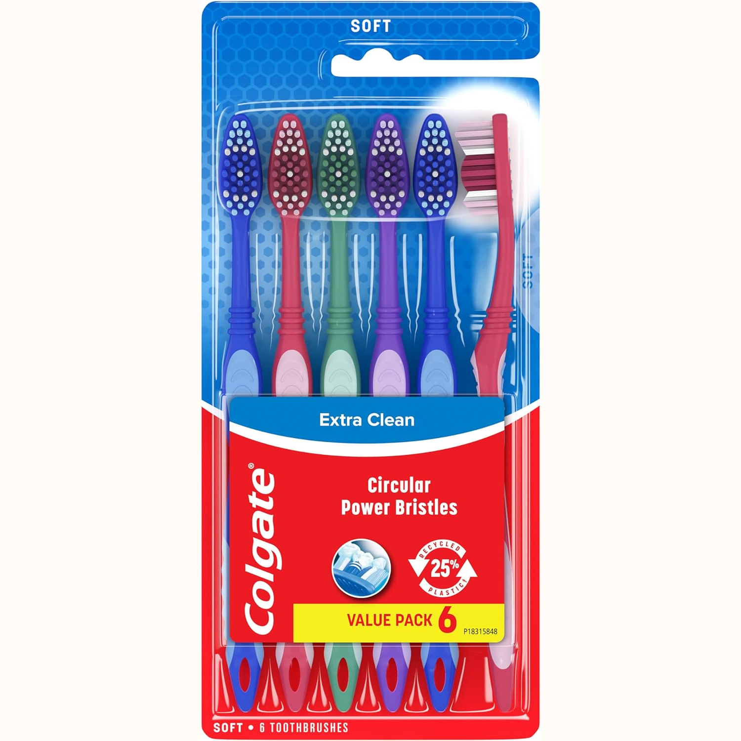 Colgate Extra Clean toothbrush set includes six soft-bristle brushes with circular power bristles, featuring 25% recycled plastic.