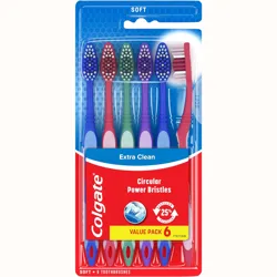 Colgate Extra Clean toothbrush set includes six soft-bristle brushes with circular power bristles, featuring 25% recycled plastic.