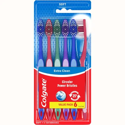 Colgate Extra Clean toothbrush set includes six soft-bristle brushes with circular power bristles, featuring 25% recycled plastic.