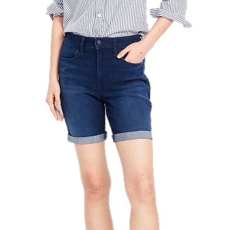 Dark blue denim shorts with rolled cuffs, featuring a button and zipper closure, front and back pockets, and paired with a striped shirt.