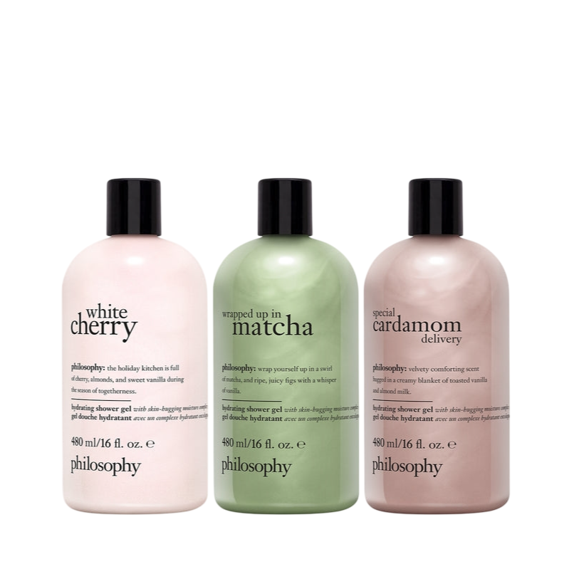 Three Philosophy hydrating shower gels: White Cherry, Wrapped Up in Matcha, and Special Cardamom Delivery, each in a 480 ml bottle.