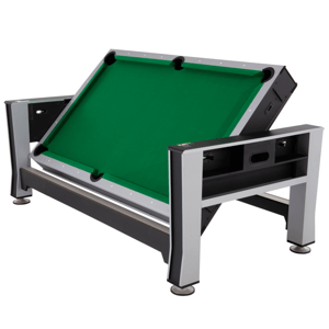 A rotating table with a green felt surface designed for games like billiards or pool, featuring sturdy metal legs and a sleek design, allowing for easy conversion or storage.