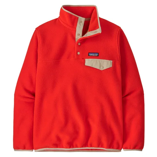 Bright red fleece pullover with beige accents, featuring a snap-button collar and a single chest pocket.