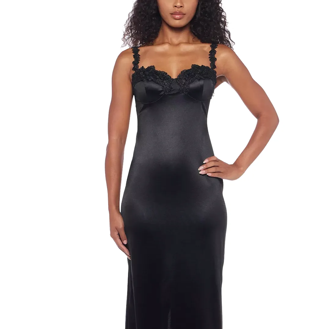 A black satin nightgown with lace detailing on the bust and straps, featuring a fitted silhouette and a long length.
