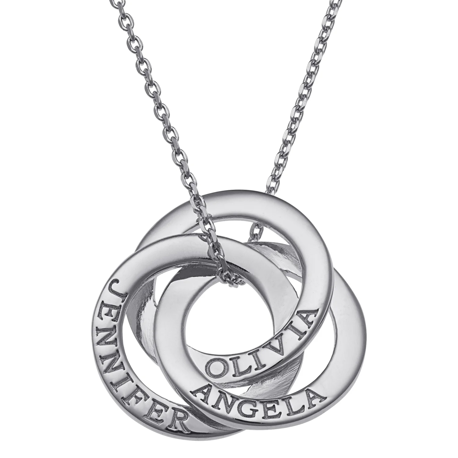 A silver interlocking circle necklace features engraved names: Jennifer, Olivia, Angela.
