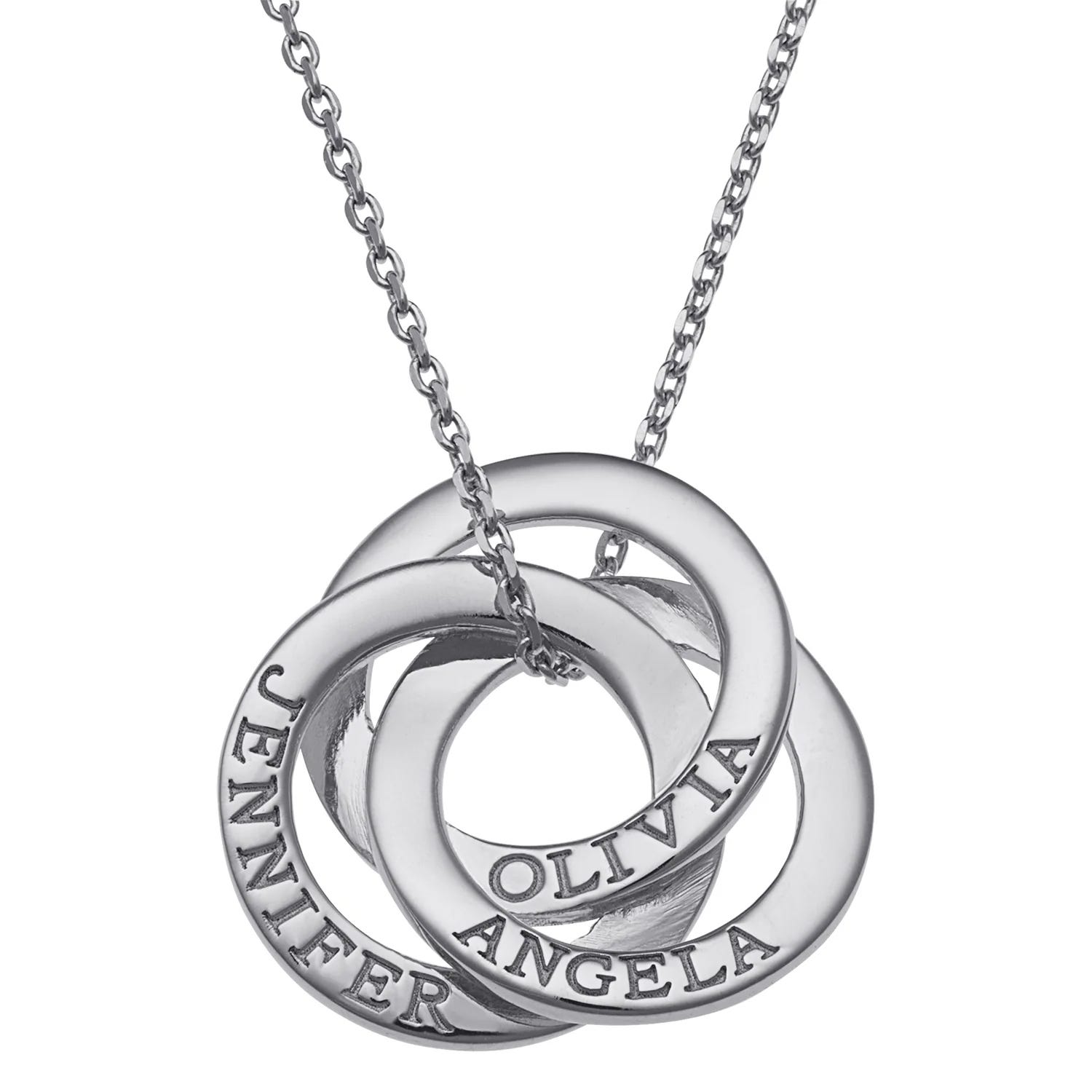 A silver interlocking circle necklace features engraved names: Jennifer, Olivia, Angela.
