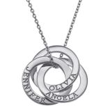 A silver interlocking circle necklace features engraved names: Jennifer, Olivia, Angela.