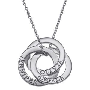 A silver interlocking circle necklace features engraved names: Jennifer, Olivia, Angela.
