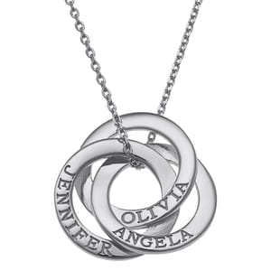 A silver interlocking circle necklace features engraved names: Jennifer, Olivia, Angela.