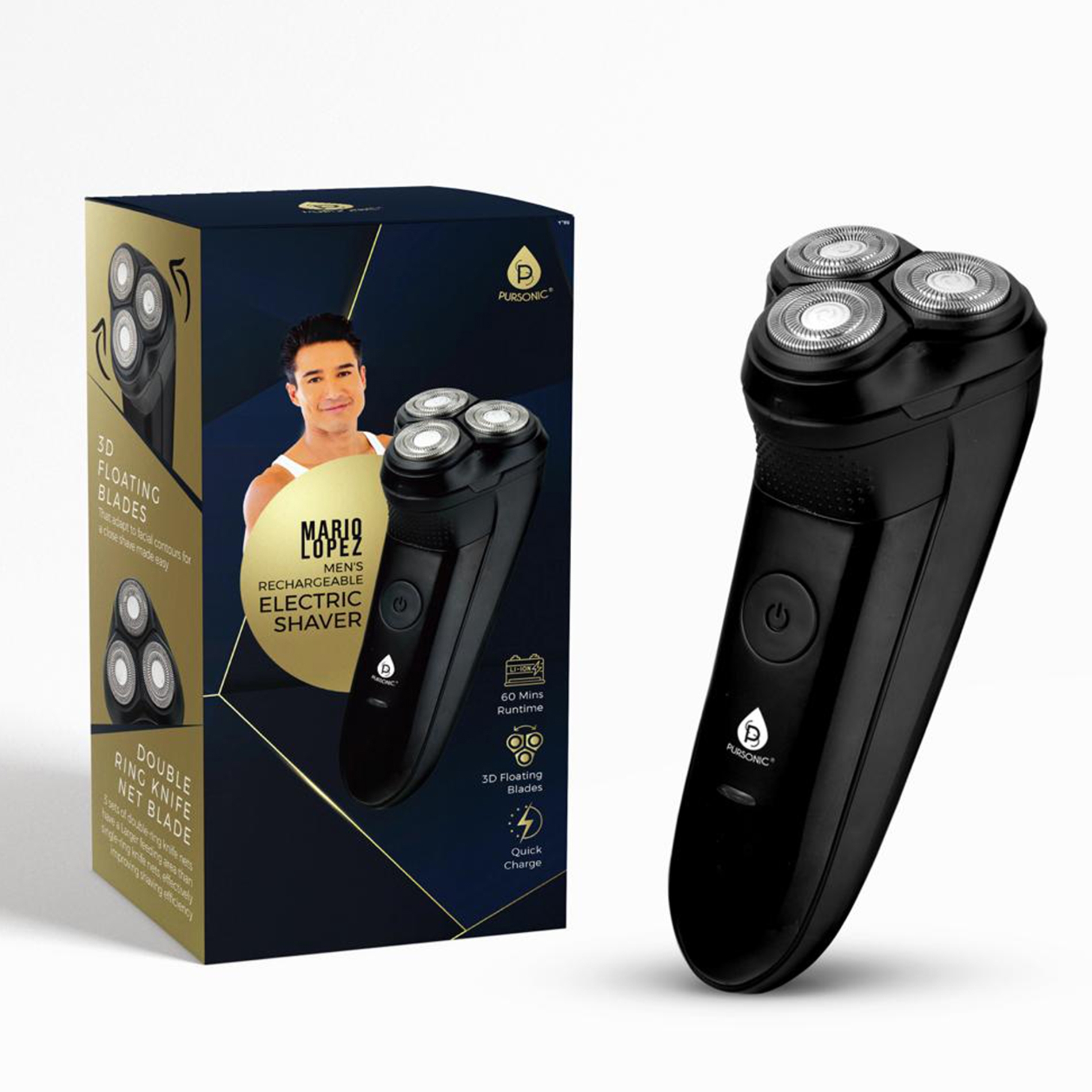 The Mario Lopez Rechargeable Electric Shaver by Pursonic features 3D floating blades, a double ring knife net blade, and offers 60 minutes of runtime with quick charge capabilities.