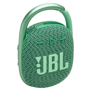 A green JBL Clip 4 speaker with a woven fabric exterior, featuring a clip for portability and control buttons for volume and playback on the front.