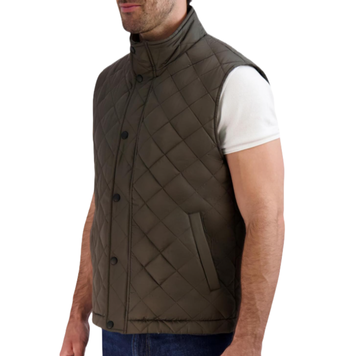 A Cole Haan diamond quilted vest in olive features a high collar, button-down front, and two side pockets. The vest is sleeveless and worn over a white short-sleeve shirt.