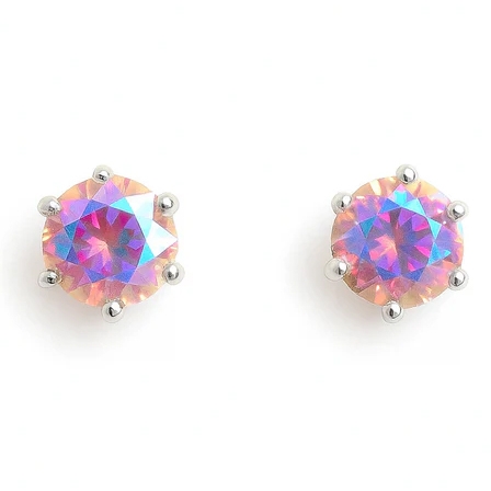 Round, iridescent stud earrings with silver prong settings, featuring a faceted, multicolored gemstone.