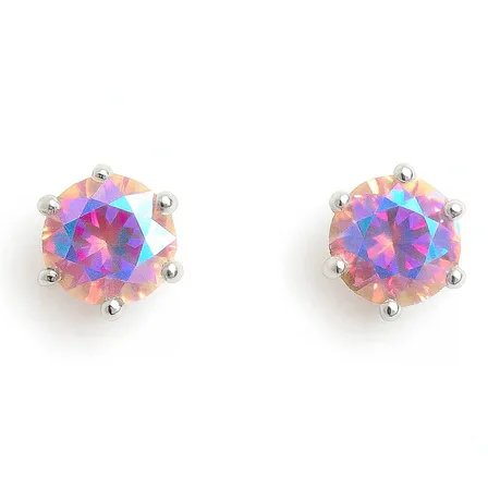 Round, iridescent stud earrings with silver prong settings, featuring a faceted, multicolored gemstone.
