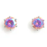 Round, iridescent stud earrings with silver prong settings, featuring a faceted, multicolored gemstone.