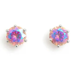 Round, iridescent stud earrings with silver prong settings, featuring a faceted, multicolored gemstone.