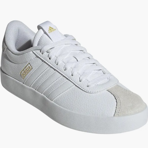 White Adidas VL Court 3.0 Sneakers with a smooth leather upper, the iconic three stripes on the side, and a gold Adidas logo on the tongue.