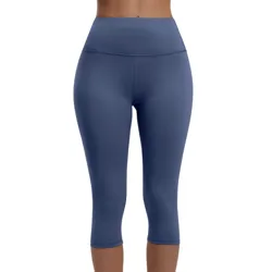 High-waisted, blue, three-quarter length leggings designed for comfort and mobility, featuring a smooth, seamless finish suitable for workouts or casual wear.
