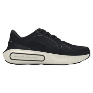 UA Phantom 4 Luxe Shoes are sleek black athletic sneakers featuring a cushioned sole with \“HOVR+\“ branding. The design combines mesh panels with subtle curves and a white outsole for a modern, comfortable look.