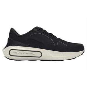 UA Phantom 4 Luxe Shoes are sleek black athletic sneakers featuring a cushioned sole with \“HOVR+\“ branding. The design combines mesh panels with subtle curves and a white outsole for a modern, comfortable look.