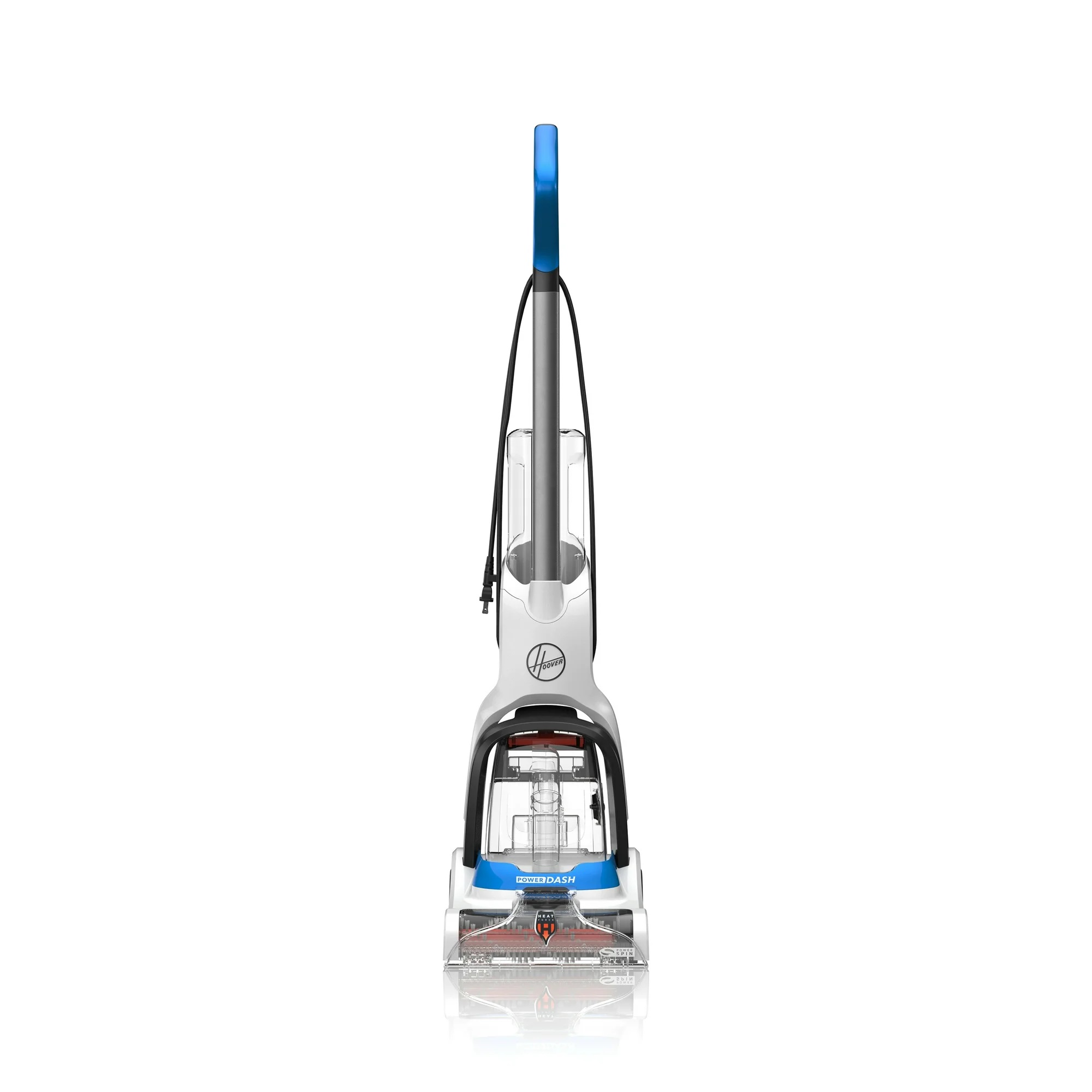 Hoover PowerDash Pet Carpet Cleaner is a lightweight, upright carpet cleaner with a blue handle, featuring a transparent water tank and brush roll for effective pet stain removal.