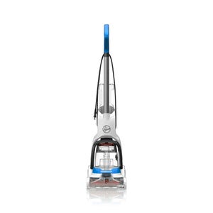 Hoover PowerDash Pet Carpet Cleaner is a lightweight, upright carpet cleaner with a blue handle, featuring a transparent water tank and brush roll for effective pet stain removal.