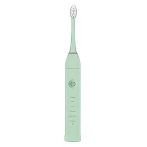 A mint green Sharper Image electric toothbrush featuring a power button and settings for Moderate, Care, Clean, Massage, Bright White, and Polishing.