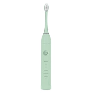 A mint green Sharper Image electric toothbrush featuring a power button and settings for Moderate, Care, Clean, Massage, Bright White, and Polishing.