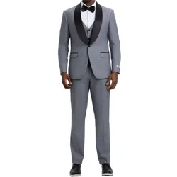 A grey suit features a shawl collar with black satin lapels, white dress shirt, black bow tie, and matching trousers, paired with black dress shoes.