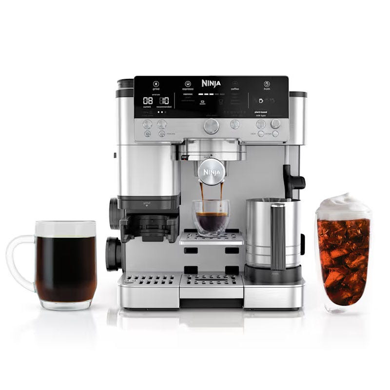 Ninja dual-brew coffee and espresso machine with options for ground coffee and espresso. It features a milk frother and includes a cup of hot espresso, a mug of black coffee, and a glass of iced coffee with cream.