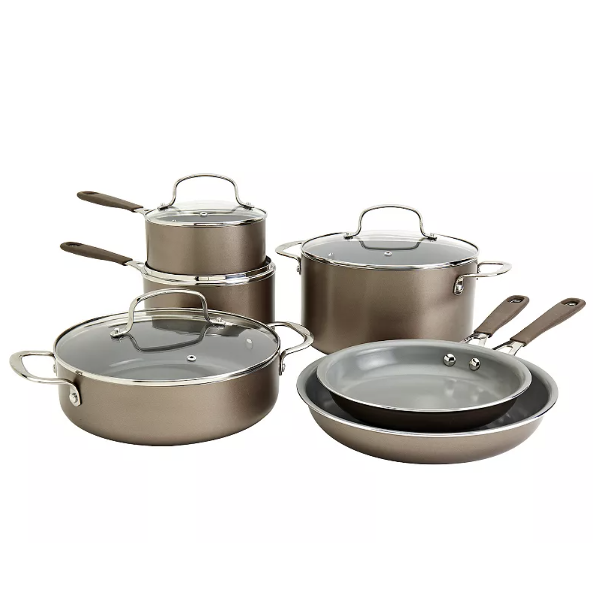 A cookware set featuring various pots and pans with lids, likely made of a metal material with non-stick interiors and glass lids.