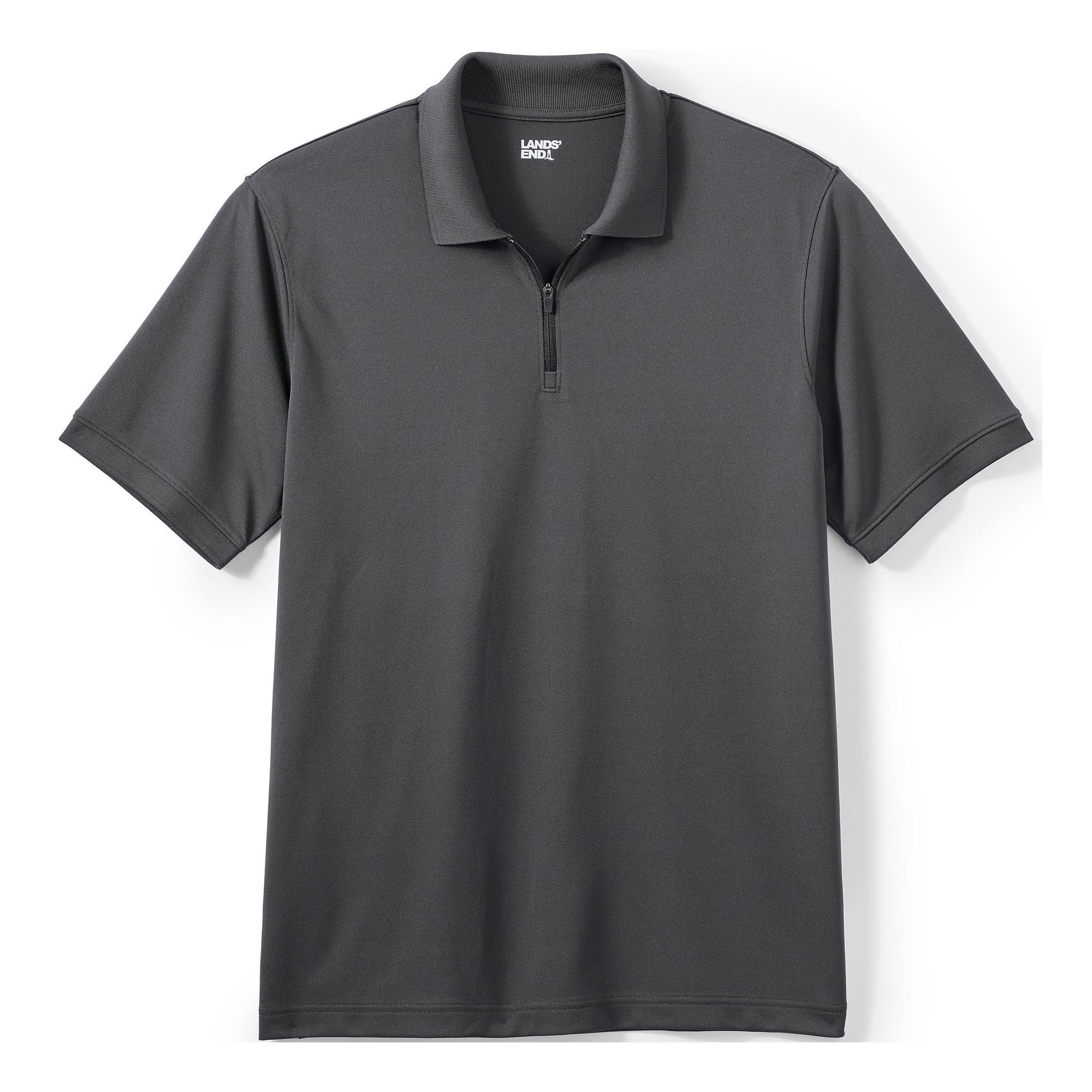 Dark gray, short-sleeve polo shirt with a zippered collar from Lands' End. The fabric appears smooth and tailored for a clean, modern look.