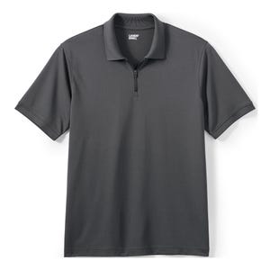 Dark gray, short-sleeve polo shirt with a zippered collar from Lands' End. The fabric appears smooth and tailored for a clean, modern look.
