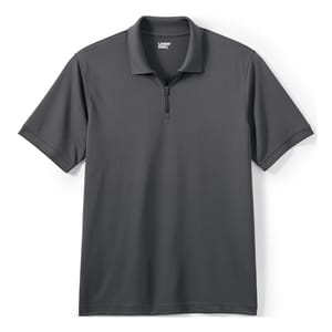 Dark gray, short-sleeve polo shirt with a zippered collar from Lands' End. The fabric appears smooth and tailored for a clean, modern look.