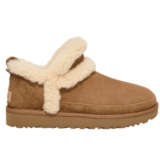 Brown ankle-height slipper with a fluffy cream-colored cuff, featuring a flat sole and casual design.