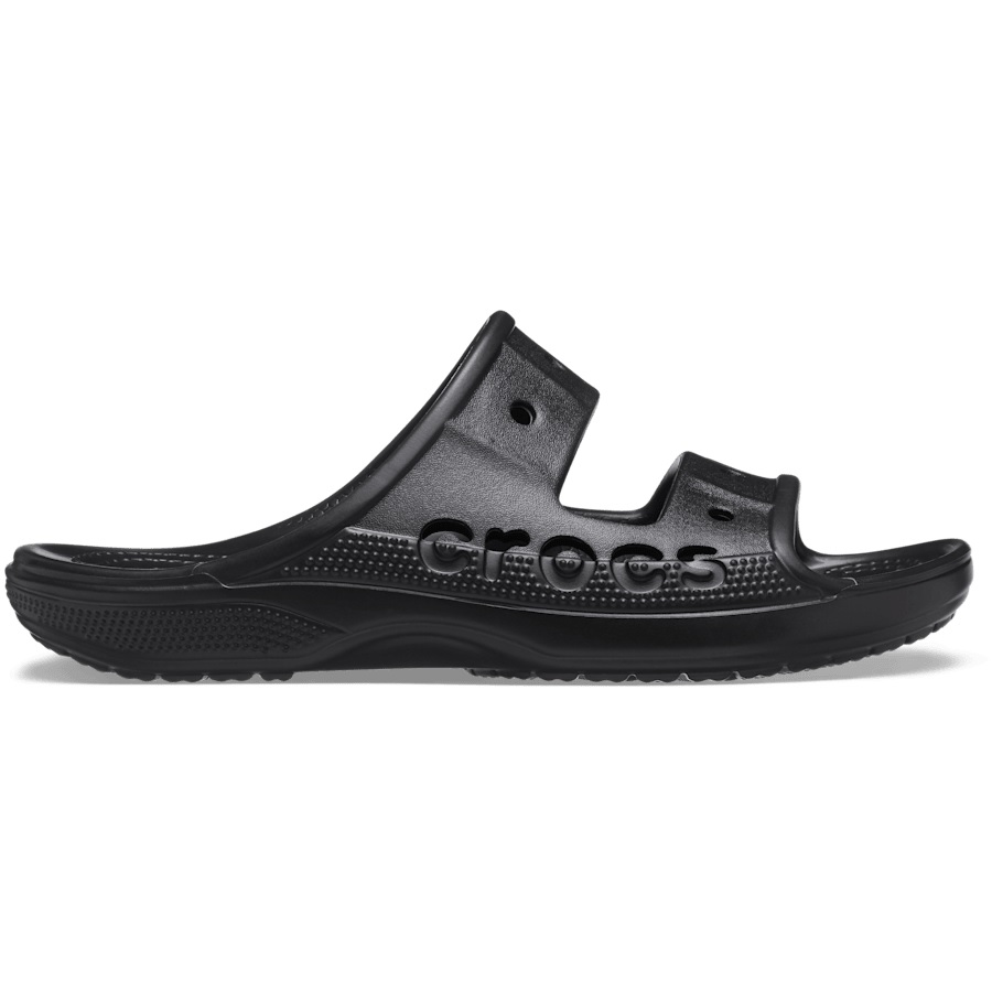 Black Crocs sandal with two straps and the brand name embossed on the side.