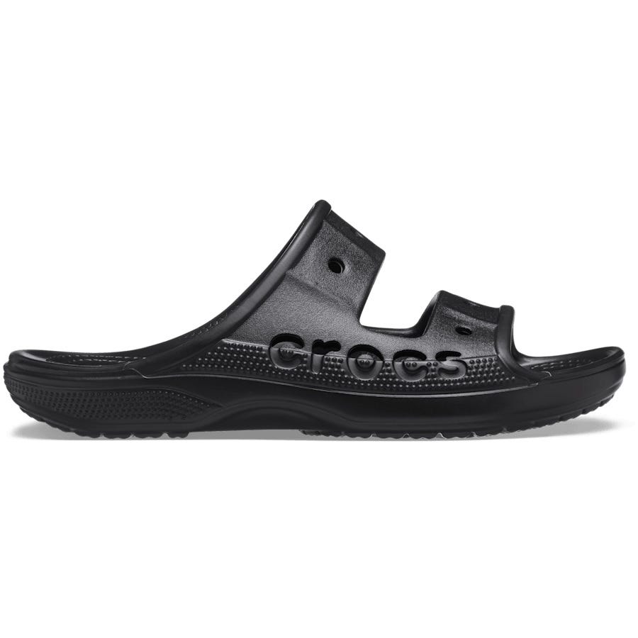 Black Crocs sandal with two straps and the brand name embossed on the side.