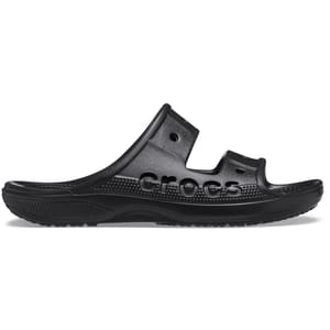 Black Crocs sandal with two straps and the brand name embossed on the side.