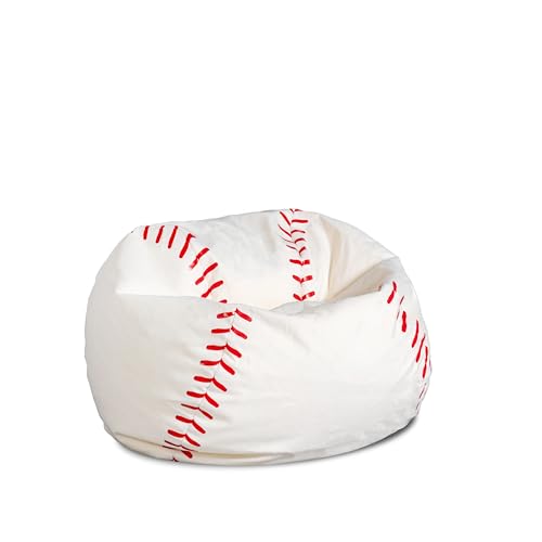 A bean bag chair designed to resemble a baseball, featuring a white cover with red stitching.