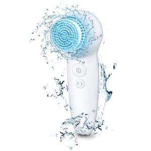 A handheld LED facial brush with a circular bristle head illuminated in blue, featuring two buttons for power and settings, and designed for water resistance, as shown by the surrounding water splashes.