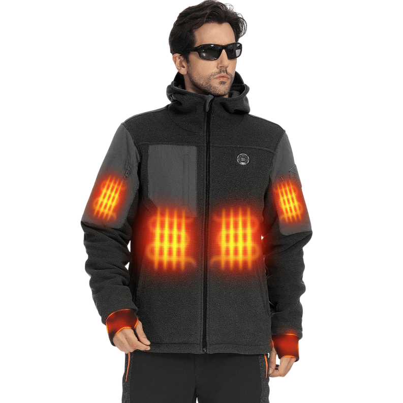 A man wearing a heated jacket with visible orange heating elements on the chest, arms, and wrists. He is also wearing sunglasses.