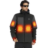 A man wearing a heated jacket with visible orange heating elements on the chest, arms, and wrists. He is also wearing sunglasses.